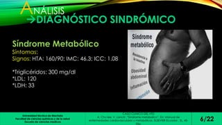 DIAGNÓSTICO SINDRÓMICO 
Universidad técnica de Machala 
Facultad de ciencias químicas y de la salud 
Escuela de ciencias medicas 
CASO CLINICO DEL HTD 
A. Chu lee, V. Lanchi ,”Síndrome metabolico”. En: Manual de 
enfermedades cardiovasculares y metabólicas. ELSEVIER Ecuador , SL, 45- 
53p. 
6/22 
ANÁLISIS 
Síndrome Metabólico 
Síntomas: 
Signos: HTA: 160/90; IMC: 46.3; ICC: 1.08 
*Triglicéridos: 300 mg/dl 
*LDL: 120 
*LDH: 33 
 