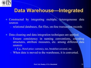 Prof. S.K. Pandey, I.T.S, Ghaziabad 18
Data Warehouse—Integrated
 Constructed by integrating multiple, heterogeneous data
sources
– relational databases, flat files, on-line transaction records
 Data cleaning and data integration techniques are applied.
– Ensure consistency in naming conventions, encoding
structures, attribute measures, etc. among different data
sources
 E.g., Hotel price: currency, tax, breakfast covered, etc.
– When data is moved to the warehouse, it is converted.
 