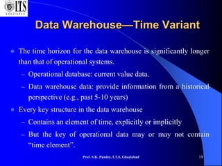 Prof. S.K. Pandey, I.T.S, Ghaziabad 19
Data Warehouse—Time Variant
 The time horizon for the data warehouse is significantly longer
than that of operational systems.
– Operational database: current value data.
– Data warehouse data: provide information from a historical
perspective (e.g., past 5-10 years)
 Every key structure in the data warehouse
– Contains an element of time, explicitly or implicitly
– But the key of operational data may or may not contain
“time element”.
 
