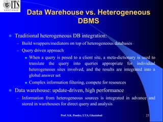 Prof. S.K. Pandey, I.T.S, Ghaziabad 23
Data Warehouse vs. Heterogeneous
DBMS
 Traditional heterogeneous DB integration:
– Build wrappers/mediators on top of heterogeneous databases
– Query driven approach
 When a query is posed to a client site, a meta-dictionary is used to
translate the query into queries appropriate for individual
heterogeneous sites involved, and the results are integrated into a
global answer set
 Complex information filtering, compete for resources
 Data warehouse: update-driven, high performance
– Information from heterogeneous sources is integrated in advance and
stored in warehouses for direct query and analysis
 
