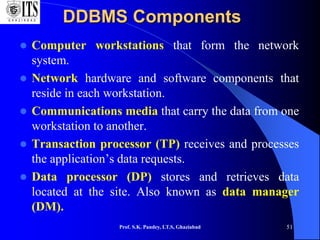 Prof. S.K. Pandey, I.T.S, Ghaziabad 51
DDBMS Components
 Computer workstations that form the network
system.
 Network hardware and software components that
reside in each workstation.
 Communications media that carry the data from one
workstation to another.
 Transaction processor (TP) receives and processes
the application’s data requests.
 Data processor (DP) stores and retrieves data
located at the site. Also known as data manager
(DM).
 