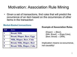 Motivation: Association Rule Mining
• Given a set of transactions, find rules that will predict the
occurrence of an item based on the occurrences of other
items in the transaction
Market-Basket transactions
TID Items
1 Bread, Milk
2 Bread, Diaper, Beer, Eggs
3 Milk, Diaper, Beer, Coke
4 Bread, Milk, Diaper, Beer
5 Bread, Milk, Diaper, Coke
Example of Association Rules
{Diaper}  {Beer},
{Milk, Bread}  {Eggs,Coke},
{Beer, Bread}  {Milk},
Implication means co-occurrence,
not causality!
1
 