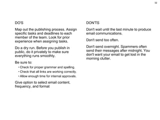 DO'S Map out the publishing process. Assign specific tasks and deadlines to each member of the team. Look for prior experience when assigning tasks. Do a dry run. Before you publish in public, do it privately to make sure everything runs smoothly. Be sure to: Check for proper grammar and spelling. Check that all links are working correctly. Allow enough time for internal approvals. Give option to select email content, frequency, and format  DON'TS Don't wait until the last minute to produce email communications.  Don't send too often.  Don't send overnight. Spammers often send their messages after midnight. You don't want your email to get lost in the morning clutter. 
