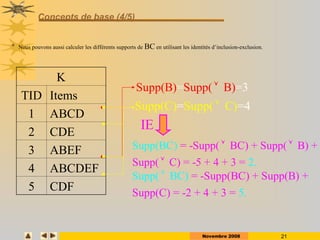 Novembre 2008 21
Concepts de base (4/5)
 Nous pouvons aussi calculer les différents supports de BC en utilisant les identités d’inclusion-exclusion.
K
TID Items
1 ABCD
2 CDE
3 ABEF
4 ABCDEF
5 CDF
Supp(B) Su 3
pp(
= B)=

Supp(C) Su 4
pp(
= C)=

IE
= -Supp(BC) + Supp(B) +
Supp(C) = -2 + 4
Supp(
+ 3
BC)
.
= 5

= -Supp( BC) + Supp( B) +
Supp( C) = -5 +
Supp(BC)
4 + 3 2.
=
 

 