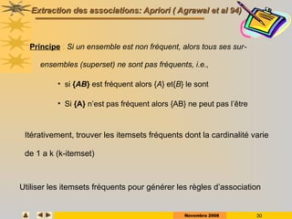 Novembre 2008 30
Extraction
Extraction des associations: Apriori
des associations: Apriori ( Agrawal et al 94)
( Agrawal et al 94)
Principe : Si un ensemble est non fréquent, alors tous ses sur-
ensembles (superset) ne sont pas fréquents, i.e.,
• si {AB} est fréquent alors {A} et{B} le sont
• Si {A} n’est pas fréquent alors {AB} ne peut pas l’être
Itérativement, trouver les itemsets fréquents dont la cardinalité varie
de 1 a k (k-itemset)
Utiliser les itemsets fréquents pour générer les règles d’association
 