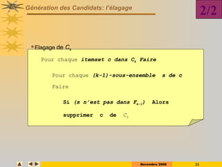 Novembre 2008 33
Génération des Candidats: l’élagage
2/2
Pour chaque itemset c dans Ck Faire
Pour chaque (k-1)-sous-ensemble s de c
Faire
Si (s n’est pas dans Fk-1) Alors
supprimer c de Ck
Elagage de Ck
 
