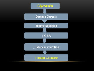 Glycosuria
↓ Glucose excretion
↓ GFR
Osmotic Diuresis
Volume Depletion
↑ Blood GLucose
 