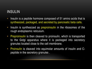INSULIN
• Insulin is a peptide hormone composed of 51 amino acids that is
synthesized, packaged, and secreted by pancreatic beta cells.
• Insulin is synthesized as preproinsulin in the ribosomes of the
rough endoplasmic reticulum.
• Preproinsulin is then cleaved to proinsulin, which is transported
to the Golgi apparatus where it is packaged into secretory
granules located close to the cell membrane.
• Proinsulin is cleaved into equimolar amounts of insulin and C-
peptide in the secretory granules .
 
