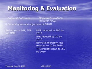Thursday, June 18, 2009 YSP5-IGIDR
Monitoring & Evaluation
Sr.No. Overall Results Indicators Expected level of achievement...