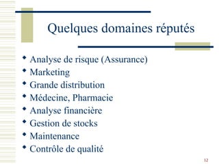 12
Quelques domaines réputés
 Analyse de risque (Assurance)
 Marketing
 Grande distribution
 Médecine, Pharmacie
 Analyse financière
 Gestion de stocks
 Maintenance
 Contrôle de qualité
 