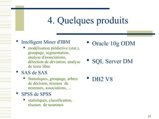 21
4. Quelques produits
 Intelligent Miner d'IBM
 modélisation prédictive (stat.),
groupage, segmentation,
analyse d'associations,
détection de déviation, analyse
de texte libre
 SAS de SAS
 Statistiques, groupage, arbres
de décision, réseaux de
neurones, associations, ...
 SPSS de SPSS
 statistiques, classification,
réseaux de neurones
 Oracle 10g ODM
 SQL Server DM
 DB2 V8
 