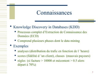 7
Connaissances
 Knowledge Discovery in Databases (KDD)
 Processus complet d’Extraction de Connaissance des
Données (ECD)
 Comprend plusieurs phases dont le data mining
 Exemples
 analyses (distribution du trafic en fonction de l ’heure)
 scores (fidélité d ’un client), classes (mauvais payeurs)
 règles (si facture > 10000 et mécontent > 0.5 alors
départ à 70%)
 