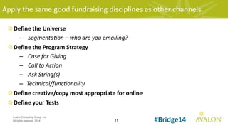 11
Avalon Consulting Group, Inc.
All rights reserved, 2014 #Bridge14
Apply the same good fundraising disciplines as other channels
Define the Universe
– Segmentation – who are you emailing?
Define the Program Strategy
– Case for Giving
– Call to Action
– Ask String(s)
– Technical/functionality
Define creative/copy most appropriate for online
Define your Tests
 