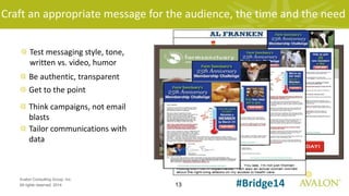 13
Avalon Consulting Group, Inc.
All rights reserved, 2014 #Bridge14
Test messaging style, tone,
written vs. video, humor
Be authentic, transparent
Get to the point
Think campaigns, not email
blasts
Tailor communications with
data
Craft an appropriate message for the audience, the time and the need
 