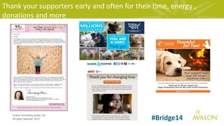 17
Avalon Consulting Group, Inc.
All rights reserved, 2014 #Bridge14
Thank your supporters early and often for their time, energy ,
donations and more
 