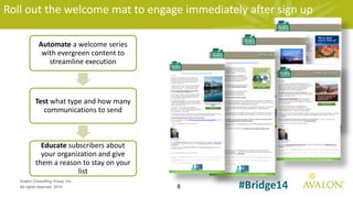 8
Avalon Consulting Group, Inc.
All rights reserved, 2014 #Bridge14
Automate a welcome series
with evergreen content to
streamline execution
Test what type and how many
communications to send
Educate subscribers about
your organization and give
them a reason to stay on your
list
Roll out the welcome mat to engage immediately after sign up
 