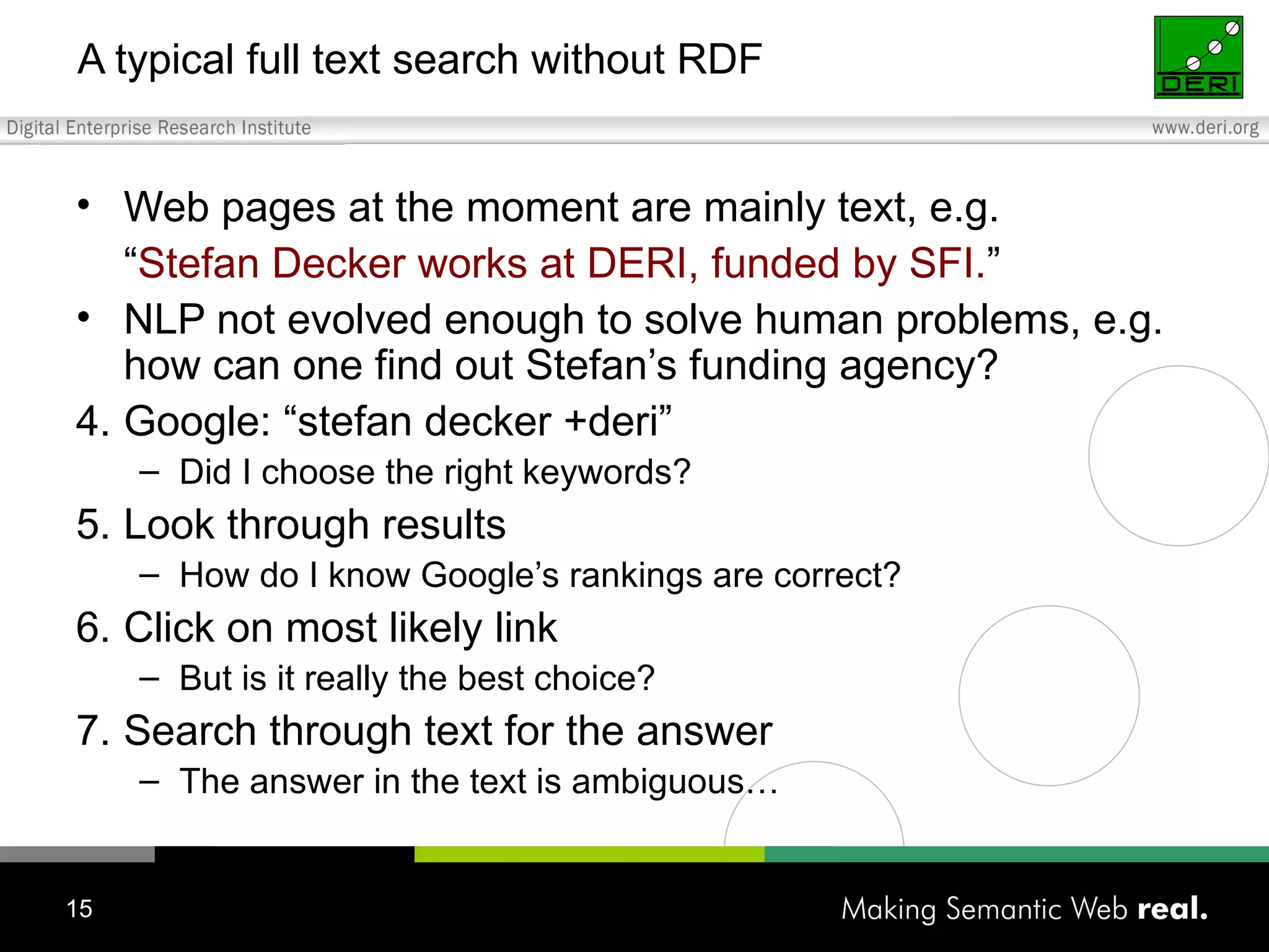 A typical full text search without RDF Web pages at the moment are mainly text, e.g. “ Stefan Decker works at DERI, funded by SFI. ” NLP not evolved enough to solve human problems, e.g. how can one find out Stefan’s funding agency? Google: “stefan decker +deri” Did I choose the right keywords? Look through results How do I know Google’s rankings are correct? Click on most likely link But is it really the best choice? Search through text for the answer The answer in the text is ambiguous… 