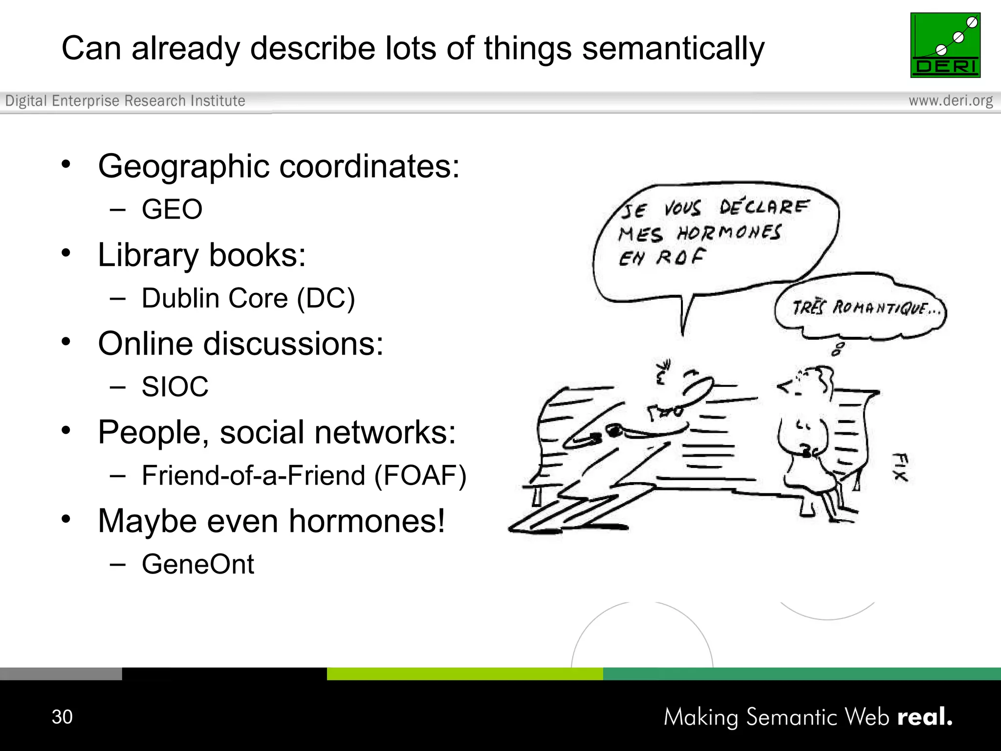 Can already describe lots of things semantically Geographic coordinates: GEO Library books: Dublin Core (DC) Online discussions: SIOC People, social networks: Friend-of-a-Friend (FOAF) Maybe even hormones! GeneOnt 