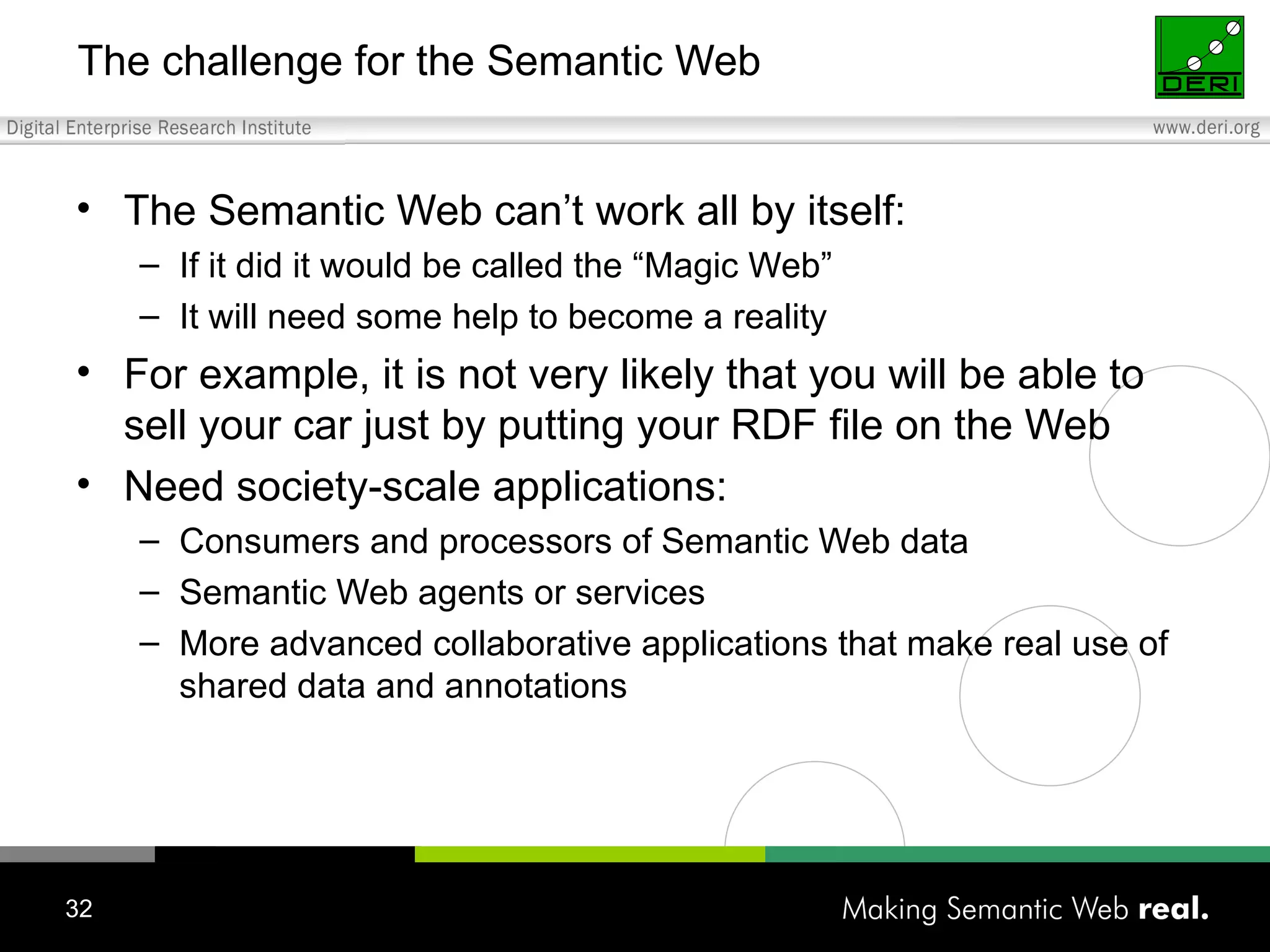 The challenge for the Semantic Web The Semantic Web can’t work all by itself: If it did it would be called the “Magic Web” It will need some help to become a reality For example, it is not very likely that you will be able to sell your car just by putting your RDF file on the Web Need society-scale applications: Consumers and processors of Semantic Web data Semantic Web agents or services More advanced collaborative applications that make real use of shared data and annotations 