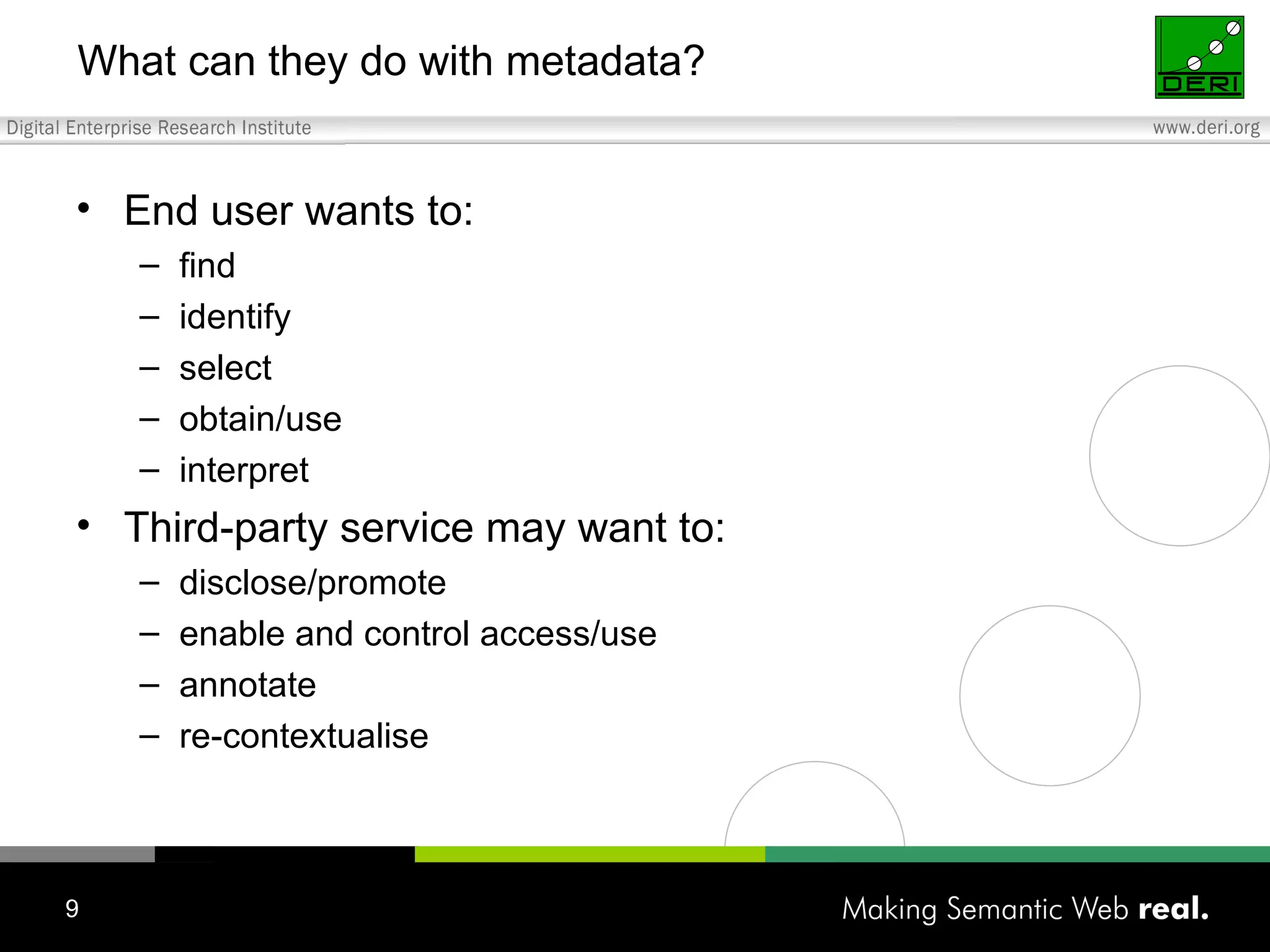What can they do with metadata? End user wants to: find identify select obtain/use interpret Third-party service may want to: disclose/promote enable and control access/use annotate re-contextualise 