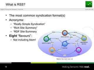 What is RSS? The most common syndication format(s) Acronyms: “ Really Simple Syndication” “ Rich Site Summary” “ RDF Site Summary Eight  “flavours”: Not including Atom! 