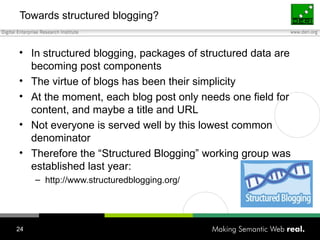 Towards structured blogging? In structured blogging, packages of structured data are becoming post components The virtue of blogs has been their simplicity At the moment, each blog post only needs one field for content, and maybe a title and URL Not everyone is served well by this lowest common denominator Therefore the “Structured Blogging” working group was established last year: http://www.structuredblogging.org/ 