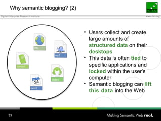 Why semantic blogging? (2) Users collect and create large amounts of  structured data  on their  desktops This data is often  tied  to specific applications and   locked  within the user's computer Semantic blogging can  lift this data  into the Web 