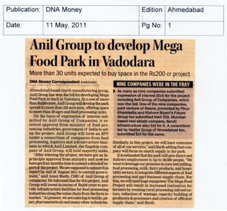 Anil Group to develop Mega Food Park at Vadodara