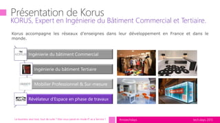 tech.days 2015#mstechdays
KORUS, Expert en Ingénierie du Bâtiment Commercial et Tertiaire.
Le business veut tout, tout de suite ? Etes-vous passé en mode IT as a Service ?
Korus accompagne les réseaux d’enseignes dans leur développement en France et dans le
monde.
Ingénierie du bâtiment Commercial
Ingénierie du bâtiment Tertiaire
Mobilier Professionnel & Sur-mesure
Révélateur d’Espace en phase de travaux
 