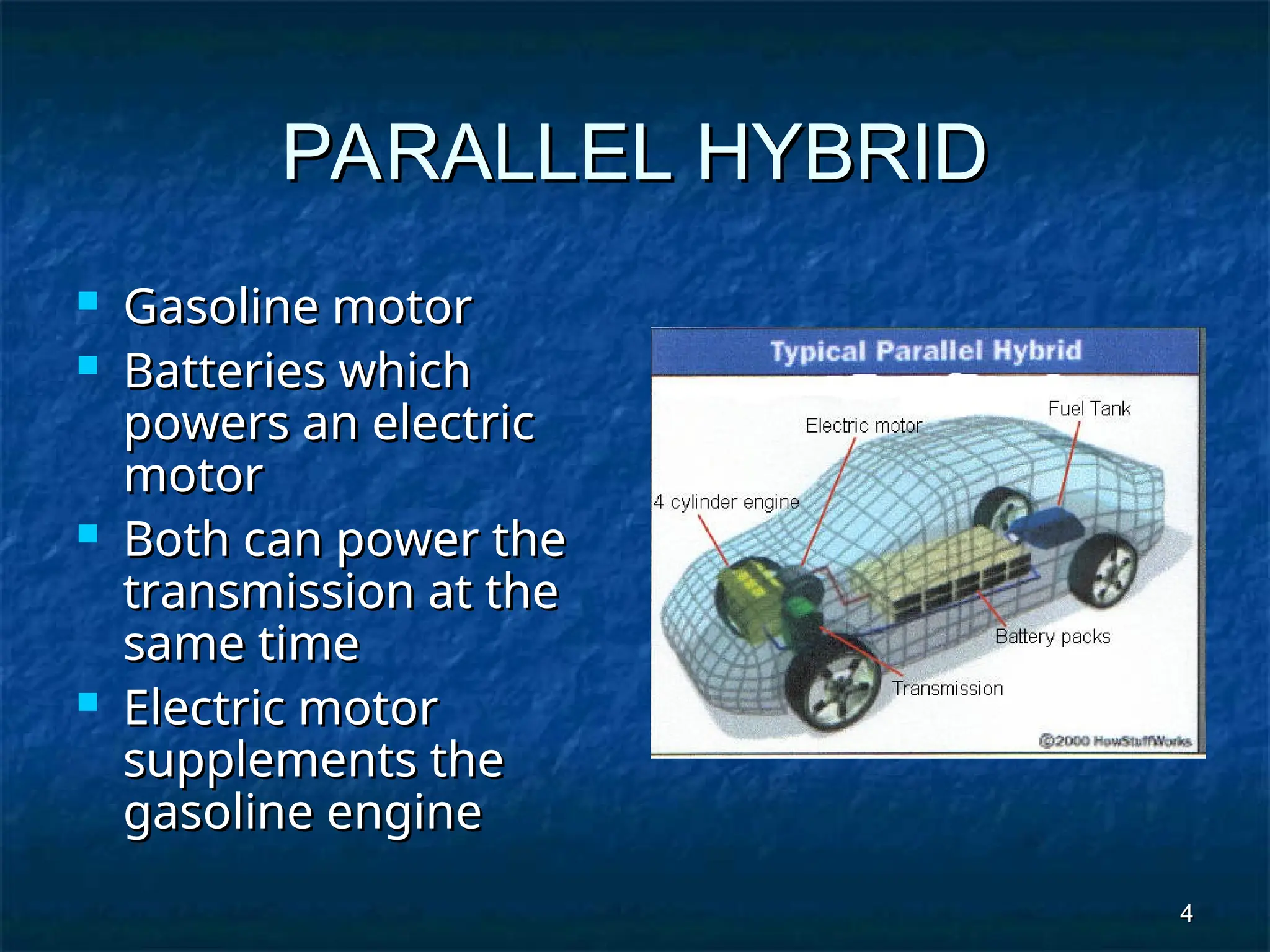 4
4
PARALLEL HYBRID
PARALLEL HYBRID
 Gasoline motor
Gasoline motor
 Batteries which
Batteries which
powers an electric
powers an electric
motor
motor
 Both can power the
Both can power the
transmission at the
transmission at the
same time
same time
 Electric motor
Electric motor
supplements the
supplements the
gasoline engine
gasoline engine
 