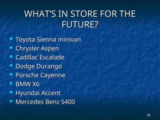 28
28
WHAT’S IN STORE FOR THE
WHAT’S IN STORE FOR THE
FUTURE?
FUTURE?
 Toyota Sienna minivan
Toyota Sienna minivan
 Chrysler Aspen
Chrysler Aspen
 Cadillac Escalade
Cadillac Escalade
 Dodge Durango
Dodge Durango
 Porsche Cayenne
Porsche Cayenne
 BMW X6
BMW X6
 Hyundai Accent
Hyundai Accent
 Mercedes Benz S400
Mercedes Benz S400
 
