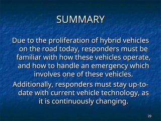 29
29
SUMMARY
SUMMARY
Due to the proliferation of hybrid vehicles
Due to the proliferation of hybrid vehicles
on the road today, responders must be
on the road today, responders must be
familiar with how these vehicles operate,
familiar with how these vehicles operate,
and how to handle an emergency which
and how to handle an emergency which
involves one of these vehicles.
involves one of these vehicles.
Additionally, responders must stay up-to-
Additionally, responders must stay up-to-
date with current vehicle technology, as
date with current vehicle technology, as
it is continuously changing.
it is continuously changing.
 