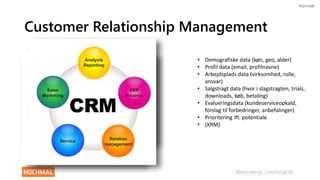 @ericziengs / nochmal.dk 
#dm14dk 
Customer Relationship Management 
• Demografiske data (køn, geo, alder) 
• Profil data ...