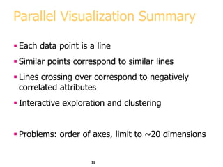 31
Parallel Visualization Summary
 Each data point is a line
 Similar points correspond to similar lines
 Lines crossing over correspond to negatively
correlated attributes
 Interactive exploration and clustering
 Problems: order of axes, limit to ~20 dimensions
 