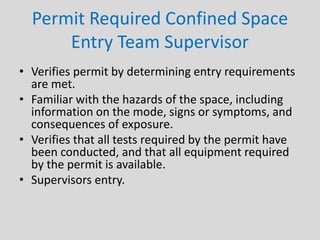 Permit Required Confined Space
Entry Team Supervisor
• Verifies permit by determining entry requirements
are met.
• Familiar with the hazards of the space, including
information on the mode, signs or symptoms, and
consequences of exposure.
• Verifies that all tests required by the permit have
been conducted, and that all equipment required
by the permit is available.
• Supervisors entry.
 