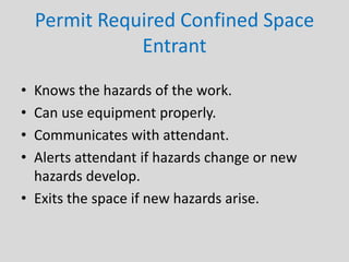 Permit Required Confined Space
Entrant
• Knows the hazards of the work.
• Can use equipment properly.
• Communicates with attendant.
• Alerts attendant if hazards change or new
hazards develop.
• Exits the space if new hazards arise.
 