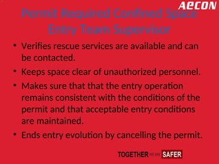 Permit Required Confined Space
Entry Team Supervisor
• Verifies rescue services are available and can
be contacted.
• Keeps space clear of unauthorized personnel.
• Makes sure that that the entry operation
remains consistent with the conditions of the
permit and that acceptable entry conditions
are maintained.
• Ends entry evolution by cancelling the permit.
 