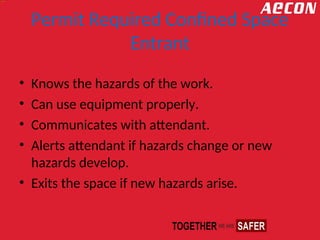 Permit Required Confined Space
Entrant
• Knows the hazards of the work.
• Can use equipment properly.
• Communicates with attendant.
• Alerts attendant if hazards change or new
hazards develop.
• Exits the space if new hazards arise.
 