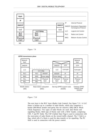 DM1 DIGITAL MOBILE TELEPHONY




 Appl.

   IP
                                                                               IP:      Internet Protocol
SNDCP                                                             SNDCP
                                                                               SNDCP: Subnetwork Dependent
                                                                                      Convergence Protocol
  LLC                                                                 LLC
                            LLC Relay                                          LLC:     Logical Link Control
 RLC                       RLC
                                                                               RLC:     Radio Link Control
 MAC                       MAC
Physical                 Physical                                              MAC:     Medium Access Control
 Layer                    Layer

  MS                              BSS                               SGSN



                  Figure 7.9


 GPRS transmission plane

        Network                                                                              Network
         layer                                                                                layer

        SNDCP                                                 SNDCP          GTP               GTP

          LLC                                                   LLC         TCP/UDP         TCP/UDP
                                  LLC relay
         RLC                RLC          BSSGP                BSSGP           IP                IP
         MAC               MAC          Frame delay          Frame delay      L2                L2
          PLL               PLL          Physical             Physical      Physical         Physical
                                          layer                layer         layer            layer
         RFL                RFL


   Mobile station        Base station subsystem             Serving GPRS support node      Gateway GPRS
       (MS)                        (BSS)                               (SGSN)               support node
                                                                                               (GGSN)



                  Figure 7.10


                  The next layer is the RLC layer (Radio Link Control). See figure 7.11. A LLC
                  frame is broken up in a number of radio blocks, which also comprises a
                  header (BH:Block header) and parity bits for selective ARQ (BCS: Block
                  Check Sequence). Two types of radio blocks are used: data blocks and
                  signalling blocks. Both type of blocks start with a MAC header, comprising
                  USF, T and PC fields. The USF (Uplink State Flag) is used in connection with
                  the reservation of radio blocks on the inward traffic channel. The T field is a
                  flag, which tells if a block is used for data transfer or for signalling. The PC
                  field is used in connection with the power control.




                                                      133
 