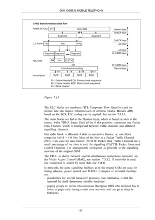DM1 DIGITAL MOBILE TELEPHONY



GPRS transformation data flow

Packet (N-PDU)   PH                         User data                  Network layer
                                                                       SNDCP layer
                          Segment                         Segment
                                                                       SNDCP layer
LLC frame FH                 Info            FHC                         LLC layer

                                                                         LLC layer
            Segment Segment            Segment                       RLC/MAC layer


RLC block        BH       Info   BCS Tail
                                       456                           RLC/MAC layer
                             Convolutional encoding                   Physical layer
                         114        114          114       114
Normal burst          Burst     Burst        Burst      Burst

                 PH: Packet Header FCH: Frame check sequence
                 FH: Frame Header BSC: Block check sequence
                 BH: Block Header



            Figure 7.13


            The RLC blocks are numbered (TFI: Temporary Flow Identifier) and the
            receive side can request retransmission of erroneus blocks. Besides ARQ
            based on the BCS, FEC coding can be applied. See section 7.3.3.3.
            The radio blocks are fed to the Physical layer, which is based on slots in the
            normal 8-slot TDMA frame. Each of the 8 slot positions constitutes one Packet
            Data Channel, which is multiplexed between traffic channels and different
            signalling channels.
            One radio block is allocated 4 slots in successive frames, i.e. one block
            comprises 4x114 = 456 bits. Most of the slots in a Packet Traffic Channel
            (PTCH) are used for data transfer (PDTCH: Packet Data Traffic Channel) but a
            small percentage of the slots is used for signalling (PACCH: Packet Associated
            Control Channel). The arrangements correspond in principle to the signalling
            structure of the original GSM.
            The PTCH is shared between several simultanious connections (sessions) un-
            der Media Access Control (MAC), see section 7.3.3.2. If multi-slot is used,
            one connection is served by more than one PTCH.
            In principle, the same signalling facilities as in the orignal GSM are used for
            timing advance, power control and MAHO. Examples of extended facilities
            are:
            - possibilities for several hand-over protocols (one alternative is that the
               terminal by itself determines suitable handover)
            - paging groups to permit Discontinuous Reception DRX (the terminal has to
              listen to pages only during certain time intervals and can go to sleep in
              between).




                                              135
 