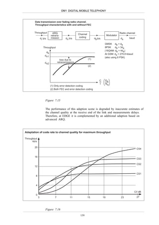 DM1 DIGITAL MOBILE TELEPHONY



        Data transmission over fading radio channel.
        Throughput characteristics with and without FEC


       Throughput            ARQ                                                               Radio channel
                                                     Channel                       Modulator
                           retrans-
                           mission                    coding                                           baud
                 di b/s                   dn b/s                     db b/s                    ds

                                                                               GMSK db = ds
                    Throughput                                                 8PSK      db = 3ds
                                                                               (16QAM: db = 4ds)
                      db
                                                                               At GSM: ds = 270.8 kbaud
                     dn1
                                                                               (also using 8 PSK)
                                     loss due to               (1)
                     dn2           retransmissions
                                                               (2)




                                                                          C    Eb
                                                                          I    No
                           (1) Only error detection coding
                           (2) Both FEC and error detection coding



                      Figure 7.15

                      The performance of this adaption scene is degraded by inaccurate estimates of
                      the channel quality at the receive end of the link and measurements delays.
                      Therefore, at EDGE it is complemented by an additional adaption based on
                      advanced ARQ.



Adaptation of code rate to channel quality for maximum throughput

Throughput
      kb/s

        20
                                                                                                               CS4


        16
                                                                                                               CS3

                                                                                                               CS2
        12


                                                                                                               CS1
         8


         4

                                                                                                           C/I dB
         0
             3                 7              11               15             19                23             27




                      Figure 7.16
                                                      139
 