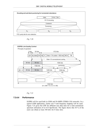 DM1 DIGITAL MOBILE TELEPHONY



    Encoding and sub block puncturing for incremental redundance


                                                  Data               FCS   Tail
                                                     R=1/3 encoding

                                                       Codeword
                                                      Puncturing


                     S1                                    S2                                 S3

    FCS: parity bite for error detection


                      Fig 7.20



     EGPRS Link Quality Control
     Principle of operation
                          3 bits     32 bits                          612 bits

                          USF RLC/MAC CRC FBI E          Data = 74 octets = 592 bits BCS      TB

                                                         Rate 1/3 convolutional coding

                    36 bits          96 bits                               1836 bits

                                    1392 bits                                 puncturing


       SB = 4       36 bits          96 bits             1256 bits                1256 bits
                                                          P1                         P2




                                                         1392 bits
                                                 (4 x 348 = 4 x 3 x 3 x 58)




                      Fig 7.21

7.3.4.4       Performance

                      EGPRS will be used both in GSM and D-AMPS (TDMA-136) networks. In a
                      typical GSM application, cluster size 9 and frequency hopping will be used.
                      Figure 7.22 gives the CDF for different user data rates for a total normalized
                      spectrum utilization of to 0.33 bps/Hz/site. The figure shows that 30 % of the
                      users can obtain at least 384 kb/s for 8 time slots.




                                                          145
 