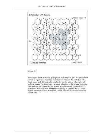 DM1 DIGITAL MOBILE TELEPHONY




Cell structure with clusters
                                                                   Cluster size 3 x 3

                     4       7                4       7


        5        8       1        5       8       1       5           8


             2       6       9        2       6       9        2


       4         7       3        4       7       3       4          7


D                    5
             1               8        1       5       8        1


                 9
       6                 2        6       9       2       6           9


             3       4       7        3       4       7        3

                                                                            d
                         1                        1



    D: reuse distance                                         d: cell radius



Figure 2.5


Simulations based on typical propagation characteristics gave the relationship
shown in Figure 2.6. The same characteristics between the protection ratio
(local mean) and the geographic availability applies also to other types of
multiple access. The figure gives a rough indication of the needed protection
ratio and thus the cluster size for several MA alternatives. Previously 90 %
geographic availabily was considered marginally acceptable. In the future,
higher availability would be required, which tends to increase the necessary
cluster size.




                             15
 