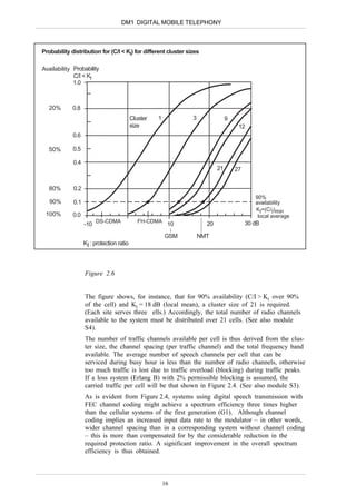 DM1 DIGITAL MOBILE TELEPHONY



Probability distribution for (C/I < KI) for different cluster sizes

Availability Probability
             C/I < KI
             1.0



   20%       0.8
                                           Cluster   1          3               9
                                           size                                      12
             0.6

   50%       0.5

             0.4
                                                                           21       27


   80%       0.2
                                                                                            90%
   90%       0.1                                                                            availability
                                                                                            KI=(C/I)min
 100%        0.0                                                                             local average
                         DS-CDMA              FH-CDMA                 20                 30 dB
                   -10                                    10
                                                         GSM        NMT
                   KI : protection ratio




                   Figure 2.6


                   The figure shows, for instance, that for 90% availability (C/I > KI over 90%
                   of the cell) and KI = 18 dB (local mean), a cluster size of 21 is required.
                   (Each site serves three ells.) Accordingly, the total number of radio channels
                   available to the system must be distributed over 21 cells. (See also module
                   S4).
                   The number of traffic channels available per cell is thus derived from the clus-
                   ter size, the channel spacing (per traffic channel) and the total frequency band
                   available. The average number of speech channels per cell that can be
                   serviced during busy hour is less than the number of radio channels, otherwise
                   too much traffic is lost due to traffic overload (blocking) during traffic peaks.
                   If a loss system (Erlang B) with 2% permissible blocking is assumed, the
                   carried traffic per cell will be that shown in Figure 2.4. (See also module S3).
                   As is evident from Figure 2.4, systems using digital speech transmission with
                   FEC channel coding might achieve a spectrum efficiency three times higher
                   than the cellular systems of the first generation (G1). Although channel
                   coding implies an increased input data rate to the modulator – in other words,
                   wider channel spacing than in a corresponding system without channel coding
                   – this is more than compensated for by the considerable reduction in the
                   required protection ratio. A significant improvement in the overall spectrum
                   efficiency is thus obtained.



                                                         16
 