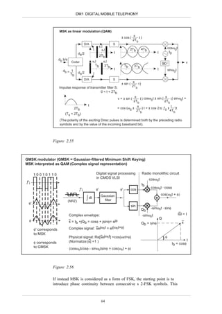 DM1 DIGITAL MOBILE TELEPHONY



                        MSK as linear modulation (QAM)
                                                                                    ± cos ( π t )
                                                                                            2Tb
                                               D/A                            S
                                                                ±
                                                                                             2Tb      4Tb                   cosω0t
                                                                    ±
                                         db/2                                 t                                   t          f0
                                                                2Tb
                        db b/s
                                  Coder                ±                ±                                                                   v
                                                           Tb           3Tb             Tb
                                                                                                                      90
                                                                                               3Tb
                                                                              t                                   t         sinω0t
                           db = 1
                               Tb        db/2

                                               D/A                            S
                                                                                    ± sin ( π t )
                        Impulse response of transmitter filter S:                           2Tb
                                                  0 < t < 2Tb

                                                                                  v = ± sin ( π t ) cosω0t ± sin ( π t ) sinω0t =
                                                                                              2Tb                 2Tb
                                                 t                                                 π                        1
                                  2Tb                                             = cos (ω0 ±          ) t = ± cos 2π( ƒ0 ±    )t
                                                                                                   2Tb                      4Tb
                            (Ts = 2Tb)
                        (The polarity of the exciting Dirac pulses is determined both by the preceding radio
                        symbols and by the value of the incoming baseband bit).




                  Figure 2.55



GMSK modulator (GMSK = Gaussian-filtered Minimum Shift Keying)
MSK interpreted as QAM (Complex signal representation)

       10010110                                            Digital signal processing                   Radio monolithic circuit
                                                           in CMOS VLSI                                     cosω0t
ƒ'i
                                                                                                      Ib
                                         ƒ'i               φ'                      φ'                        cosω0t . cosφ
                                                                                             cos
                                                                                                                      cos(ω0t + φ)
                                                ∫ dt
                                                                    Gaussian
                                 (NRZ)                                filter
  φ'
                                                                                             sin                  .
                                                                                                      Qb -sinω0t sinφ
                                                                                                                                      ~
                                                                                                                                     IsI = I
                                 Complex envelope:                                                    -sinω0t
                                                                                                                Q
  φ                              ~
                                 s = Ib +jQb = cosφ + jsinφ= ejφ                                                                        ~
                                                                                                                                        s
                                                                                                      Qb = sinφ
                                                  ~
       φ' corresponds            Complex signal: sejω0t = ej(ω0t+φ)
       to MSK                                        ~
                                 Physical signal: Re[sejω0t] =cos(ω0t+φ)                                                φ
                                             ~                                                                                              I
       φ corresponds             (Normalize |s| =1 )
                                                                                                                              Ib = cosφ
       to GMSK                   (cosω0tcosφ - sinω0tsinφ = cos(ω0t + φ)




                  Figure 2.56

                  If instead MSK is considered as a form of FSK, the starting point is to
                  introduce phase continuity between consecutive s 2-FSK symbols. This



                                                                    64
 