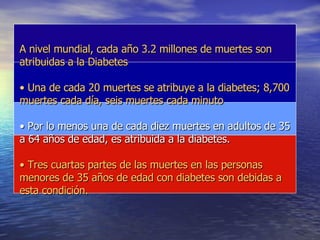 A nivel mundial, cada año 3.2 millones de muertes son atribuidas a la Diabetes • Una de cada 20 muertes se atribuye a la diabetes; 8,700 muertes cada día, seis muertes cada minuto • Por lo menos una de cada diez muertes en adultos de 35 a 64 años de edad, es atribuida a la diabetes. • Tres cuartas partes de las muertes en las personas menores de 35 años de edad con diabetes son debidas a esta condición. 