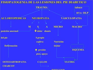 FISIOPATOGENIA DE LAS LESIONES DEL PIE DIABETICO TRAUMA  tabaco HTA -  DLP   ALT . ORTOPEDICAS  NEUROPATIA   VASCULOPATIA   M  S  A  MICRO  MACRO  posición anormal    dolor  shunts  del pie  S.propio  ceptiva  Nutrición  Deformación  tisular     presión  ISQUEMIA  ptos. apoyo  OSTEOARTROPATIA  CALLOS  ULCERA  CHARCOT  INFECCION   