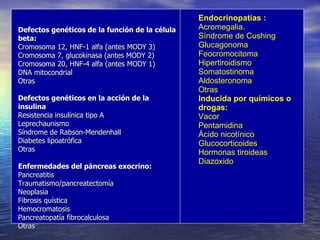 Defectos genéticos de la función de la célula beta:   Cromosoma 12, HNF-1 alfa (antes MODY 3)  Cromosoma 7, glucokinasa (antes MODY 2)  Cromosoma 20, HNF-4 alfa (antes MODY 1)  DNA mitocondrial  Otras Defectos genéticos en la acción de la insulina   Resistencia insulínica tipo A  Leprechaunismo  Síndrome de Rabson-Mendenhall  Diabetes lipoatrófica  Otras Enfermedades del páncreas exocrino:   Pancreatitis  Traumatismo/pancreatectomía  Neoplasia  Fibrosis quística  Hemocromatosis  Pancreatopatía fibrocalculosa  Otras Endocrinopatías :  Acromegalia.  Síndrome de Cushing  Glucagonoma  Feocromocitoma  Hipertiroidismo  Somatostinoma  Aldosteronoma  Otras Inducida por químicos o drogas:   Vacor  Pentamidina  Ácido nicotínico  Glucocorticoides  Hormonas tiroideas  Diazoxido 