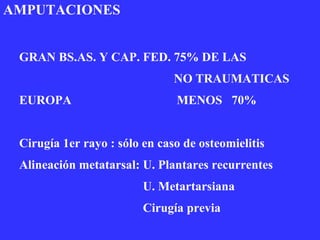 AMPUTACIONES GRAN BS.AS. Y CAP. FED. 75% DE LAS NO TRAUMATICAS EUROPA  MENOS  70% Cirugía 1er rayo : sólo en caso de osteomielitis Alineación metatarsal: U. Plantares recurrentes U. Metartarsiana  Cirugía previa  