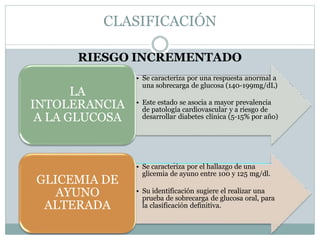CLASIFICACIÓN
RIESGO INCREMENTADO
• Se caracteriza por una respuesta anormal a
una sobrecarga de glucosa (140-199mg/dL)
• Este estado se asocia a mayor prevalencia
de patología cardiovascular y a riesgo de
desarrollar diabetes clínica (5-15% por año)
LA
INTOLERANCIA
A LA GLUCOSA
• Se caracteriza por el hallazgo de una
glicemia de ayuno entre 100 y 125 mg/dl.
• Su identificación sugiere el realizar una
prueba de sobrecarga de glucosa oral, para
la clasificación definitiva.
GLICEMIA DE
AYUNO
ALTERADA
 